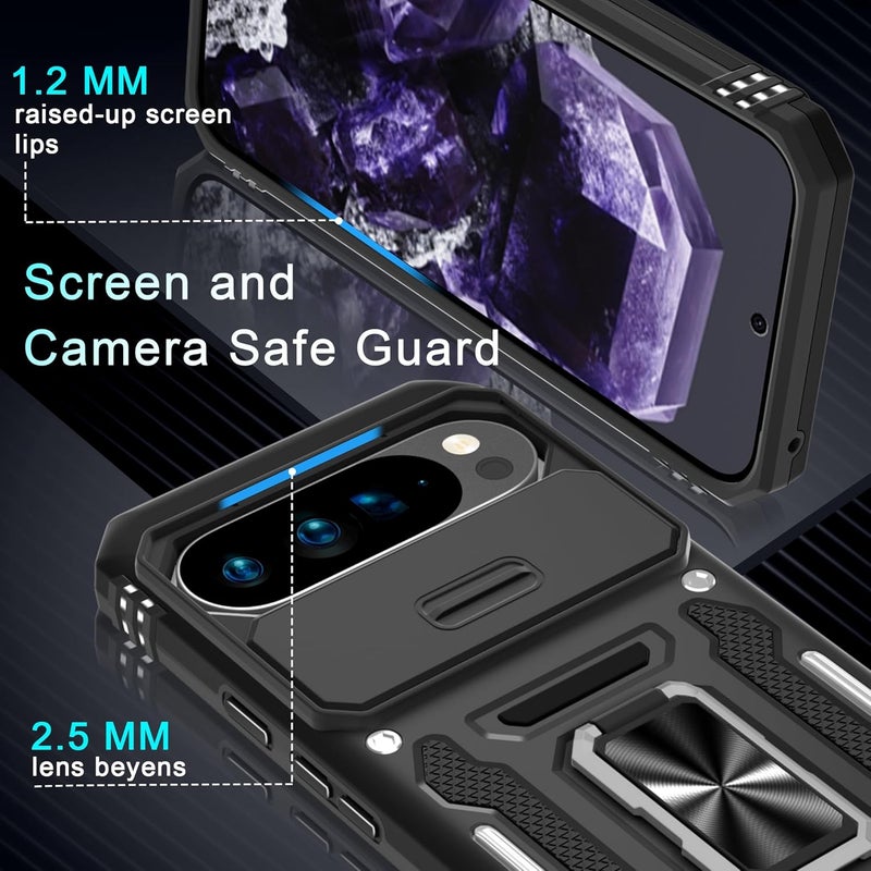 DEERLAMN Case for Google Pixel 10 Pro XL with Slide Camera Cover+Screen Protector(1 Pack), Rotated Ring Kickstand Military Grade Shockproof Protective Cover-Black - Image 5